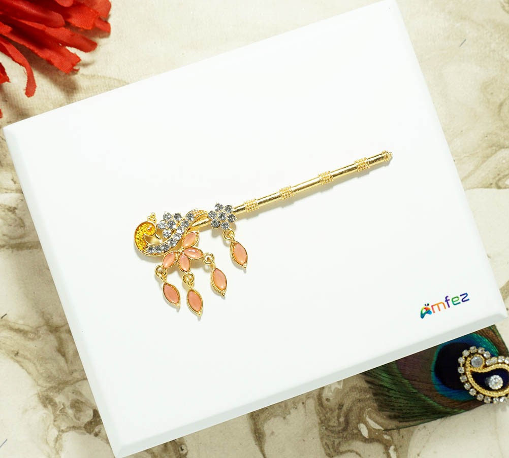 Elegant Peach Peacock Meena Stone Work Flute ( 2 & 3 Inch )