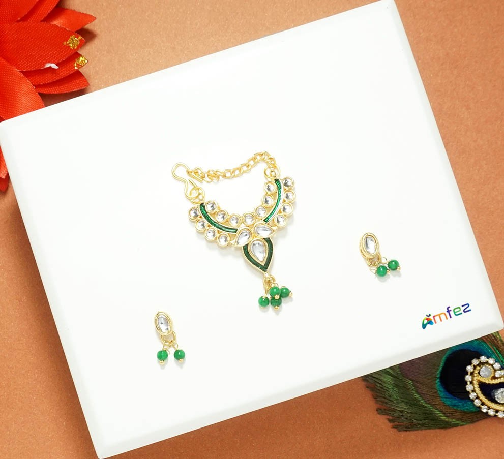 Green Stone Meena Kundan Work Necklace ( Medium )