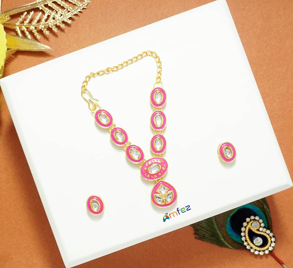 Pink Kundan Meena Work Necklace/ Mala With Earrings ( 2.5 Inch )