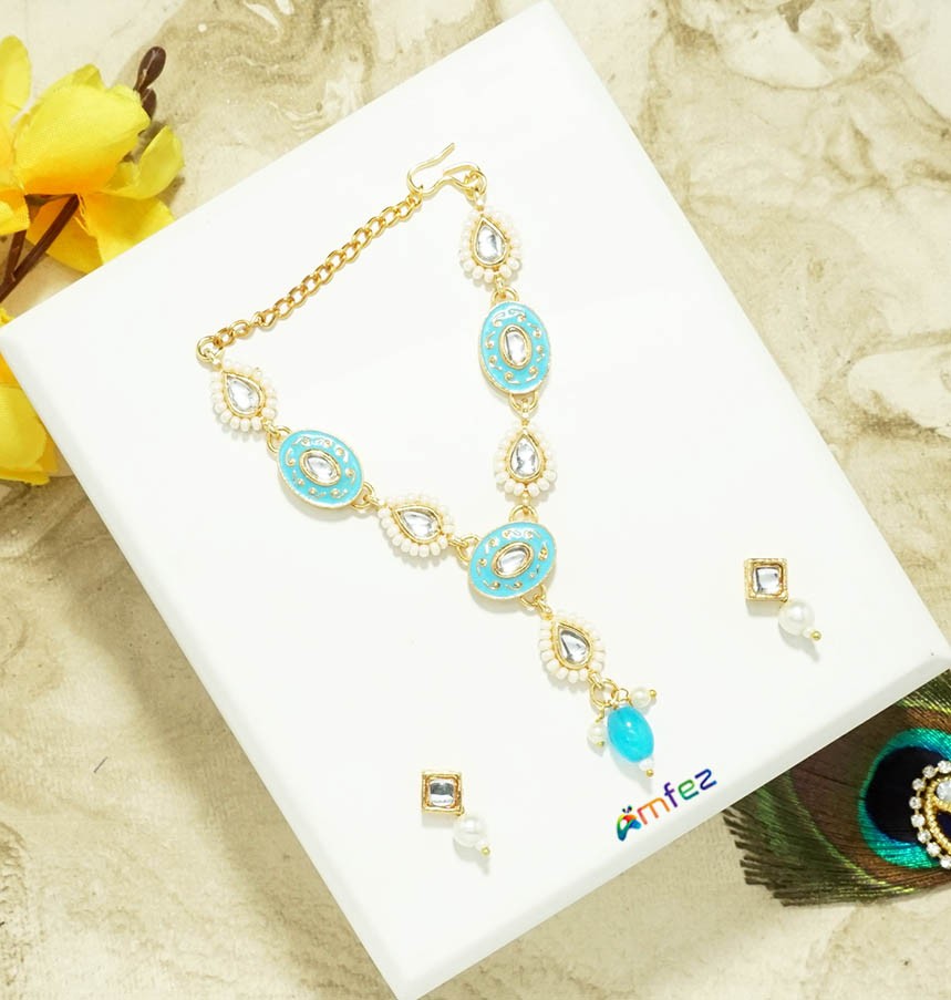 SkyBlue Stone Pearl Beads Necklace With Earrings (3.5 Inch )