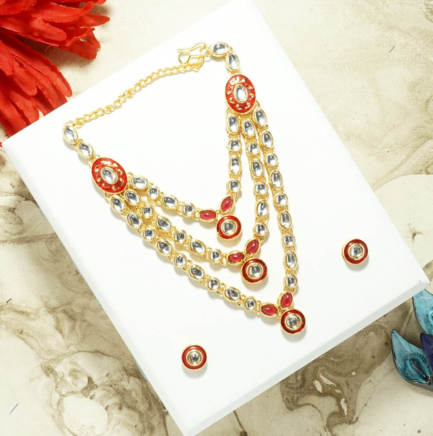 Red Kundan Beads Necklace With Ear Rings ( 4 Inch )
