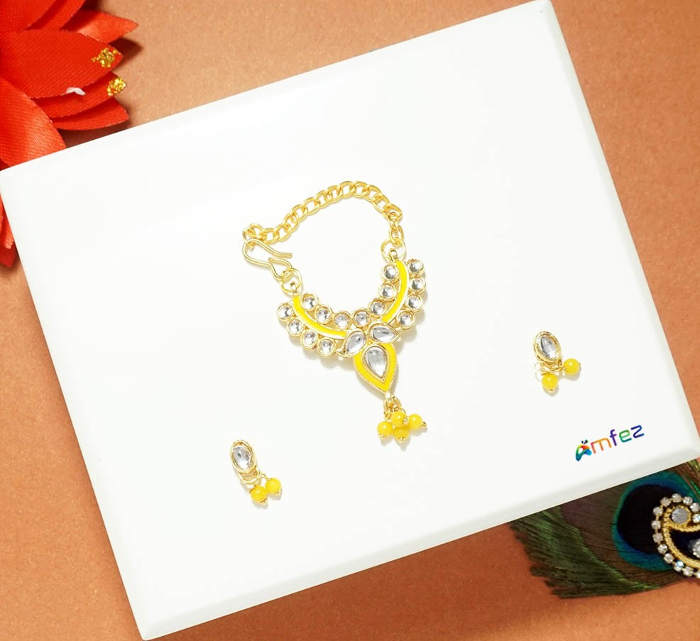 Yellow Stone Meena Kundan Work Necklace ( 3 Inch )