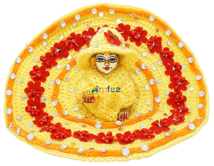 Laddu Gopal Yellow Red Stone Flower Work Woolen Dress With Cap
