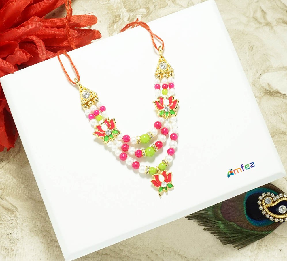 Rani Green Stone Pearl Beads Lotus Necklace ( 3 Inch )