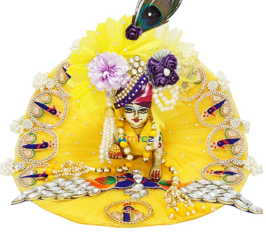 Laddu Gopal Yellow Kundan Patch Work Designer Dress
