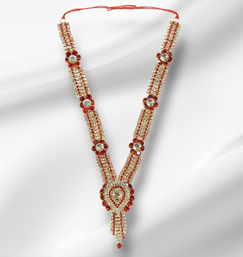 Red Heavy Stone Work Long Necklace/ Mala ( 8 Inch )