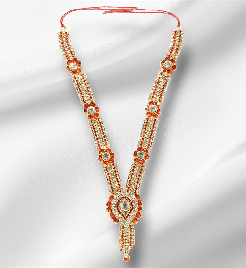 Orange Heavy Stone Work Long Necklace/ Mala ( 8 Inch )