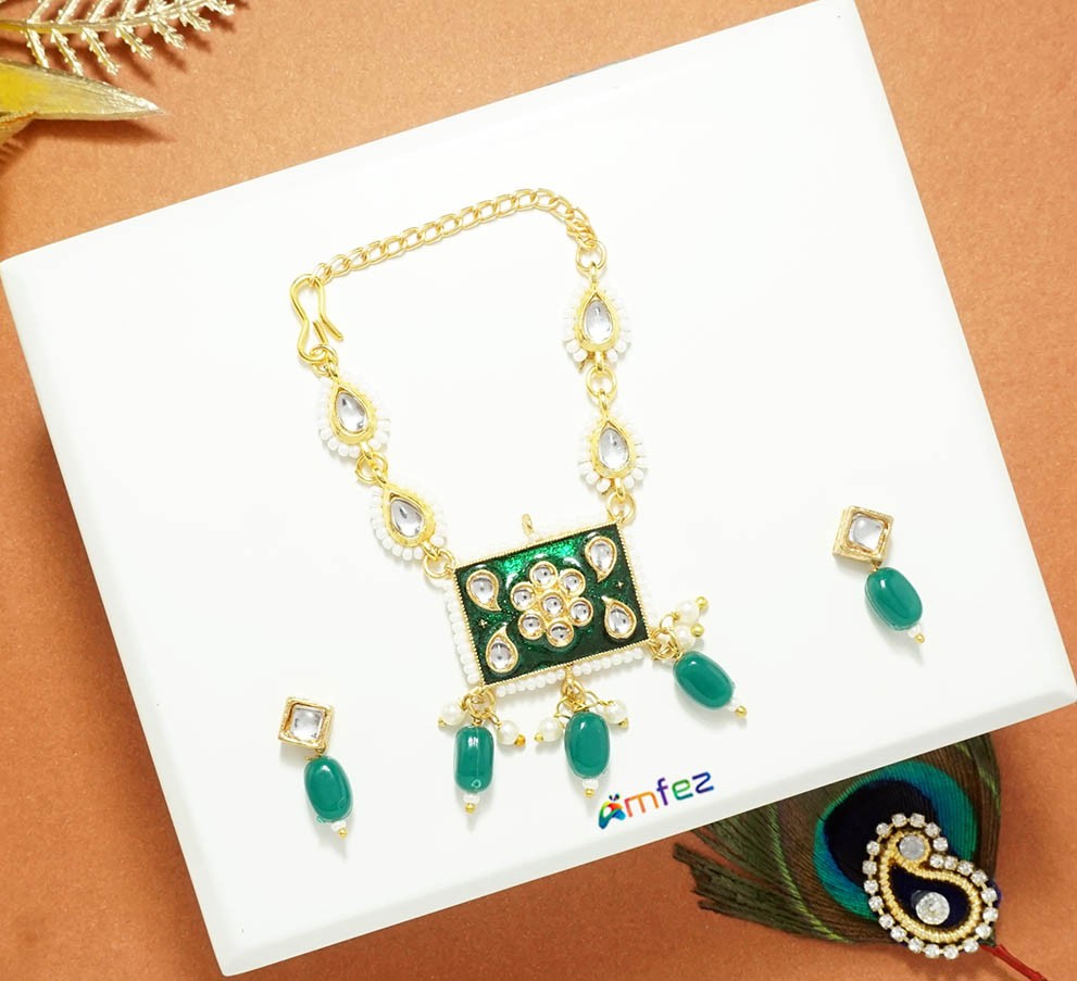 Green Kundan Meena Beads Work Necklace With Earrings ( 2.5Inch )
