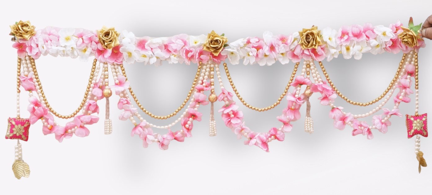 Elegant Pink Flower Pearl Beads Bhandhanwar ( Length : 36 Inch )