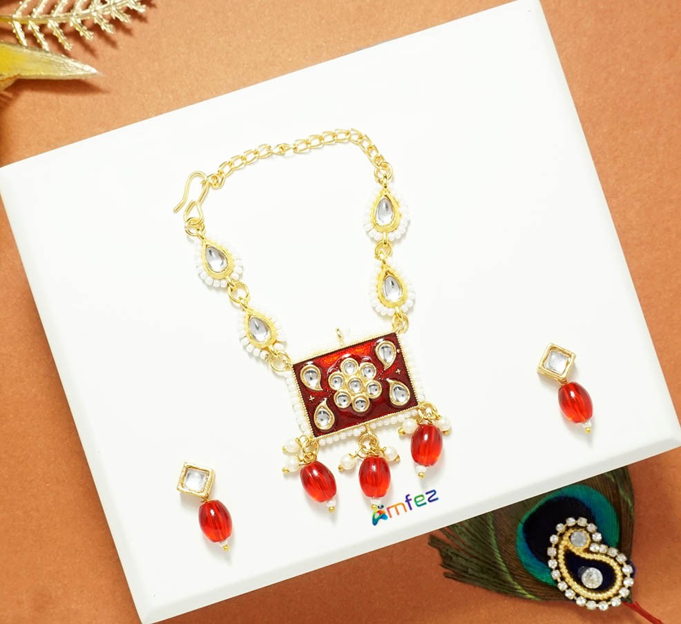 Red Kundan Meena Beads Work Necklace With Earrings ( 2.5Inch )