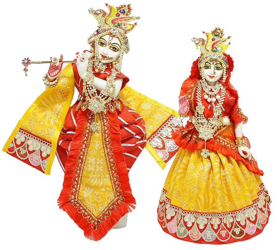 Radha Krishna Yellow & Red Embroidery Lace Work Dress