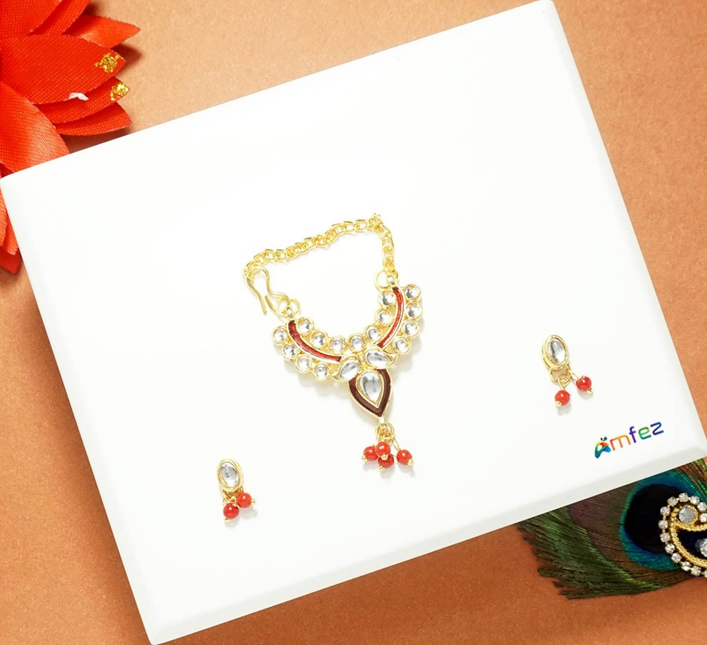 Red Stone Meena Kundan Work Necklace ( Medium )