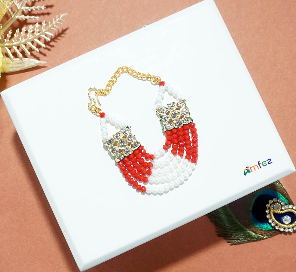 Beautiful Red Stone Pearl Beads Necklace ( Large )