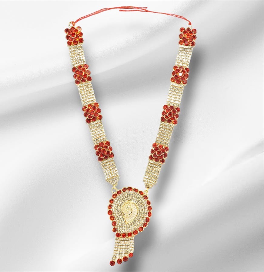 Red Heavy Stone Work Long Necklace/ Mala ( 9 Inch )