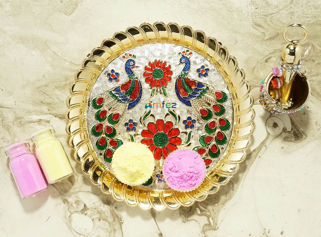Golden Meenakari Gulal Plastic Platter For Holi
