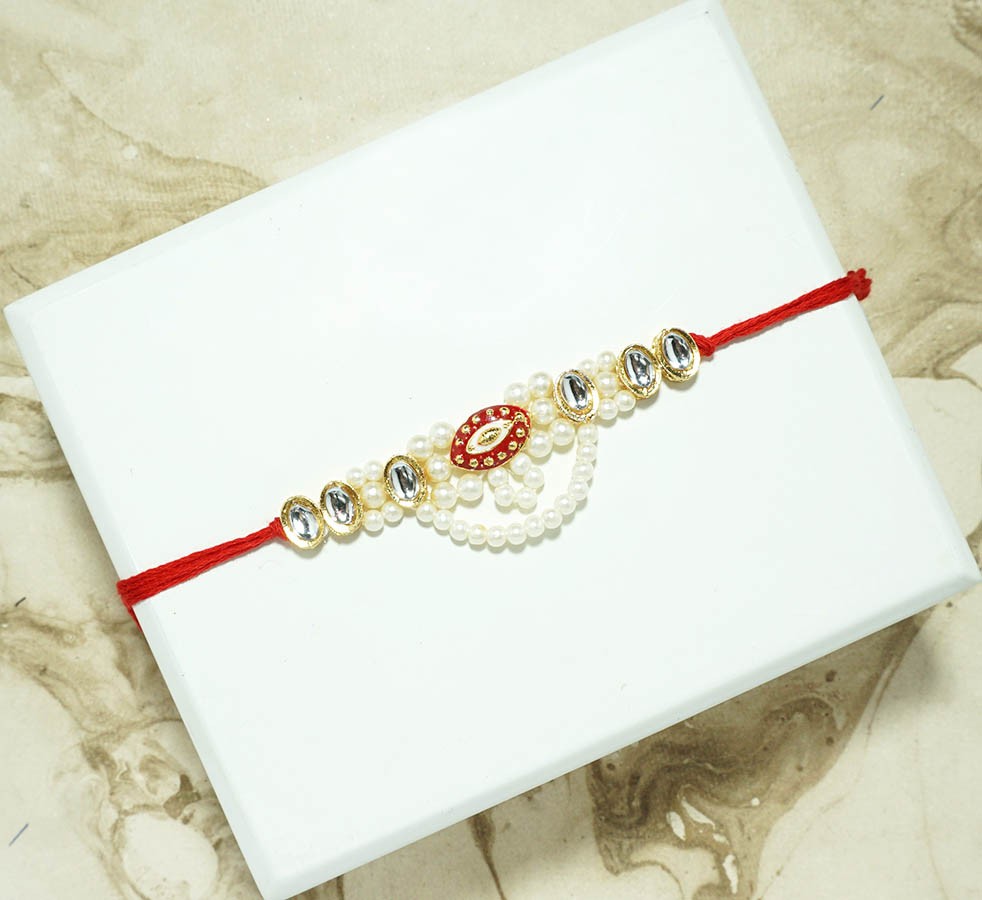 Red & White Stone Pearl Beads Belt ( 4 Inch )