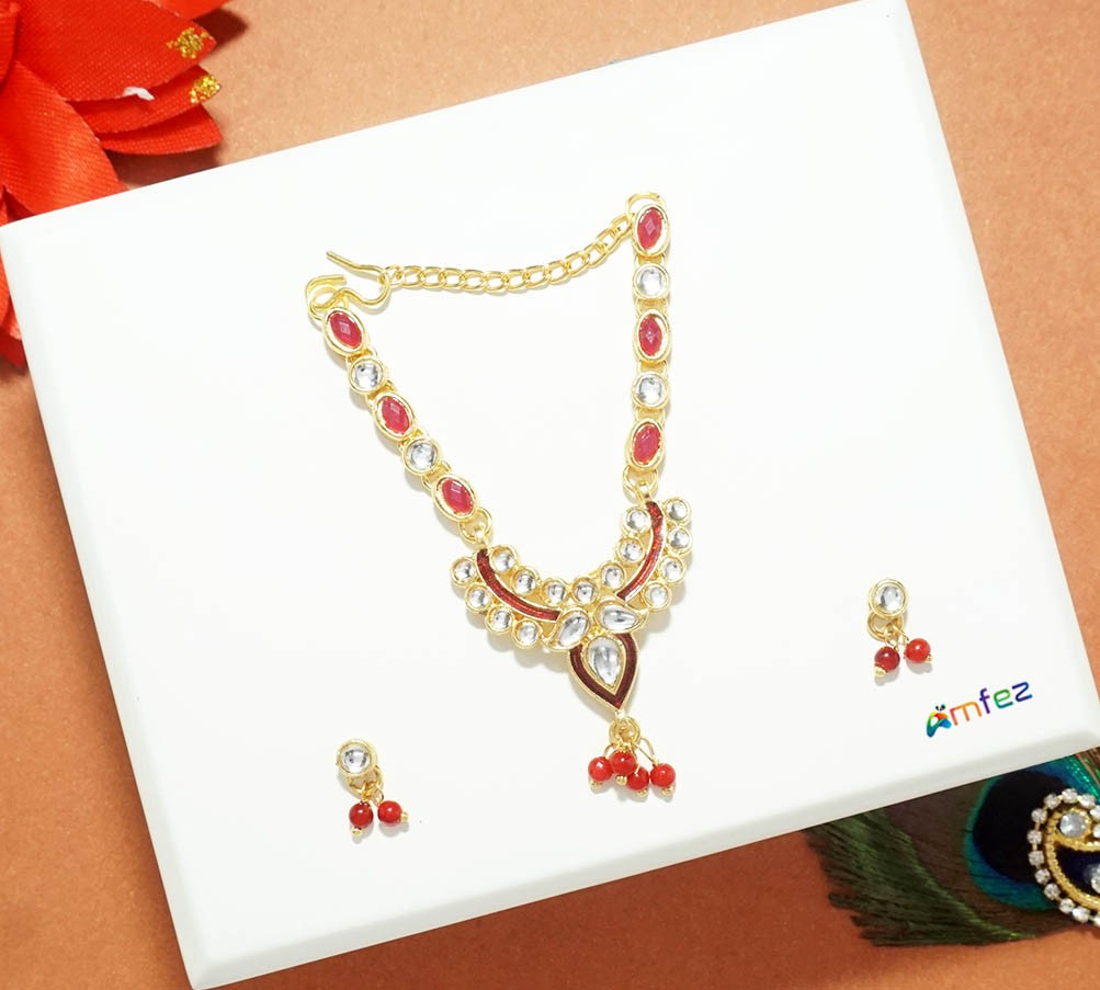 Red Kundan Meena Work Long Necklace ( 3 Inch )