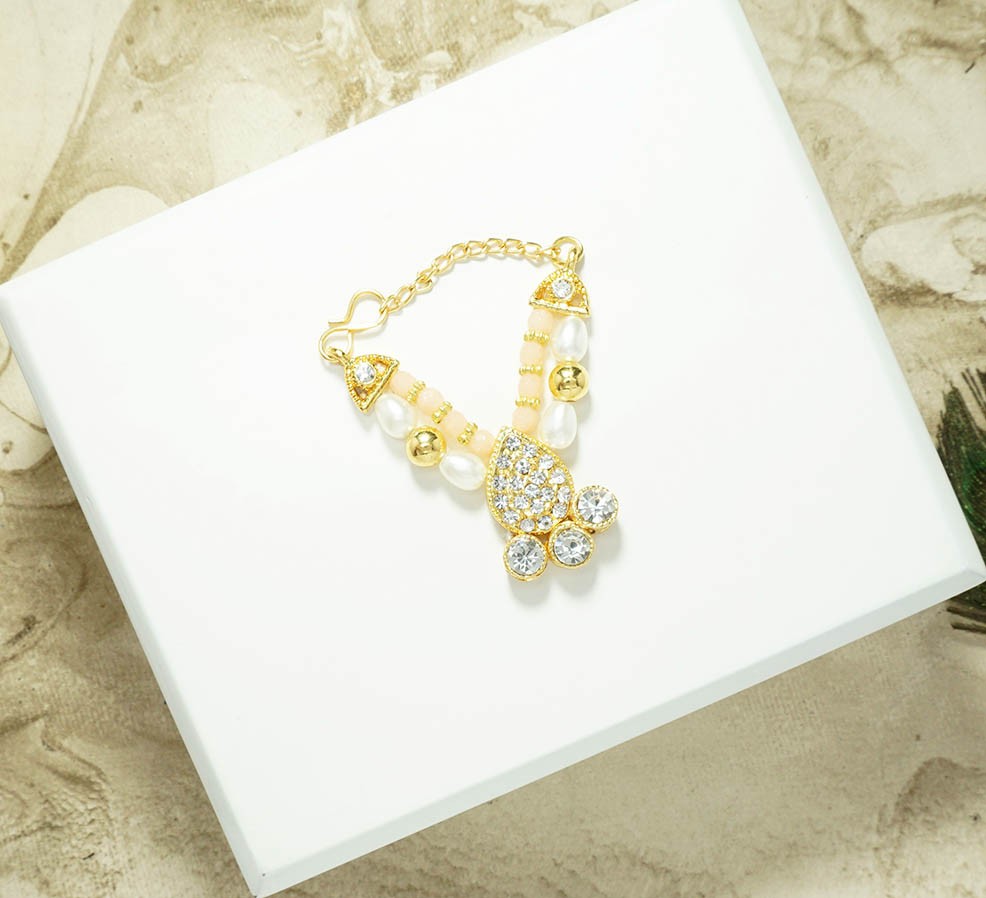 Golden Peach Stone Pearl Beads Necklace ( 2 Inch )