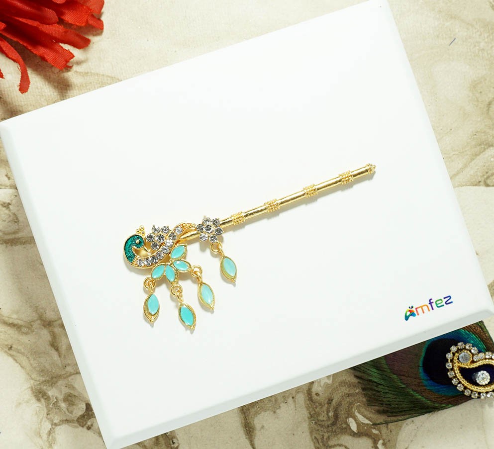 Elegant Sea Green Peacock Meena Stone Work Flute ( 2 & 3 Inch )