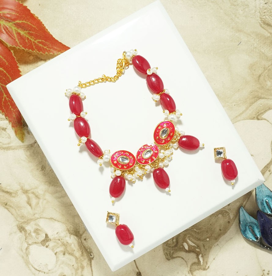 Rani Heavy Stone Pearl Latkan Necklace With Earrings ( 3 Inch )